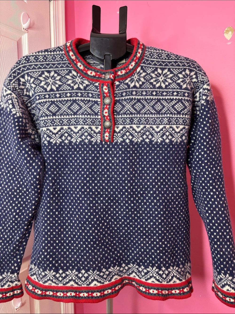 L.L.Bean Women’s L Nordic Fair Isle Wool Sweater Navy Red Vintage